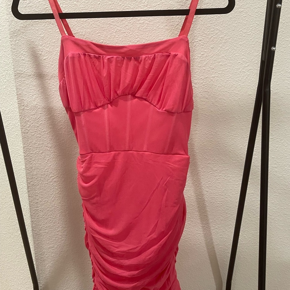 Linjou Pink Ruched Spaghetti Strap Dress